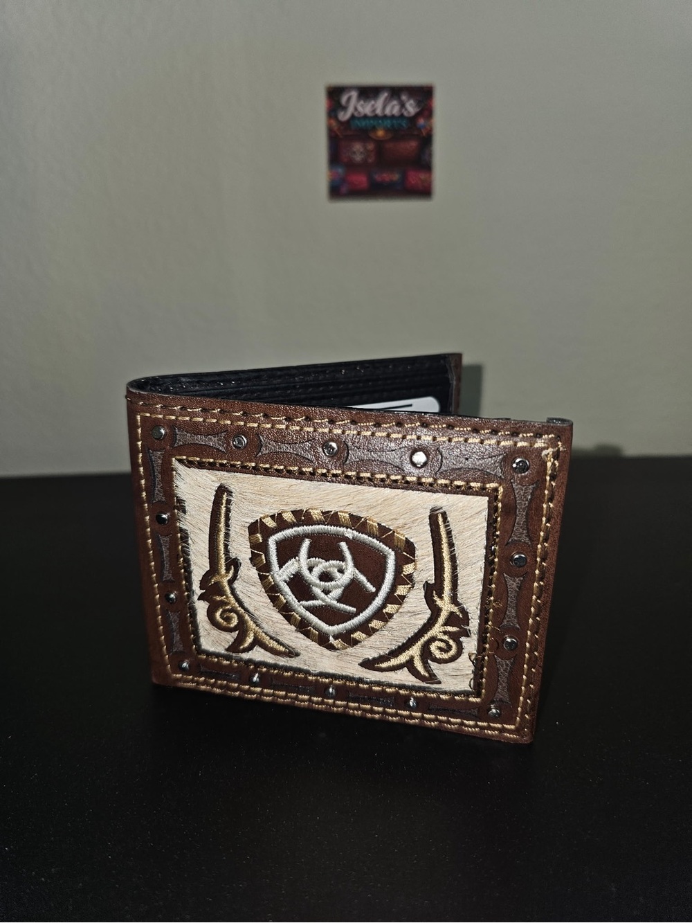 Brown Leather Embroidered Bifold Wallet with Cream Panel